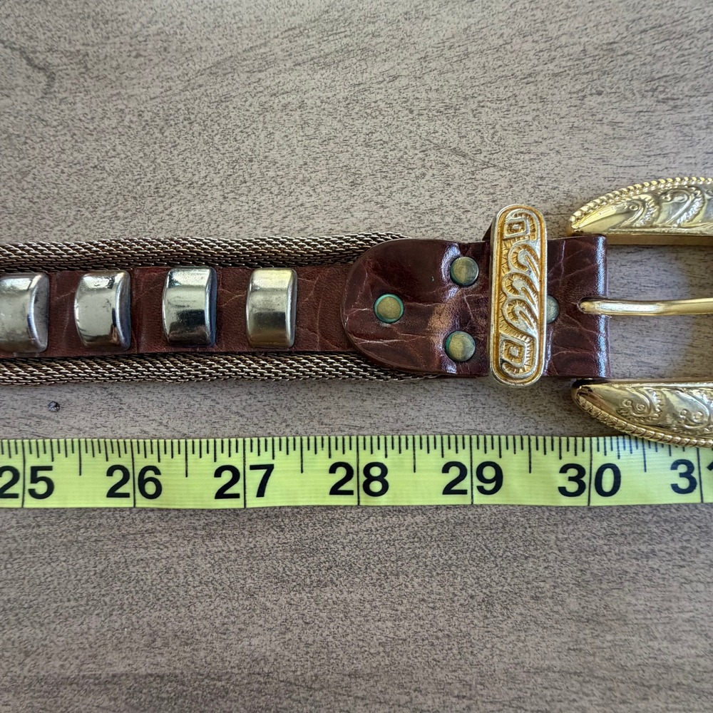 Vintage Brown Croc Leather Western Belt Brass Metal Mesh Studs Ornate Buckle 30" - Picture 8 of 13